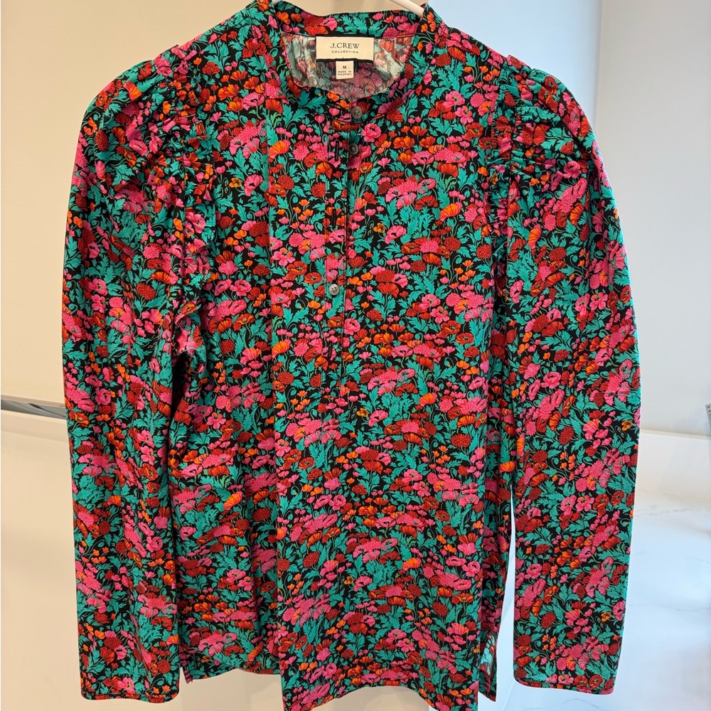 J. Crew Red, Green and Pink Floral Blouse- Puff Sleeve - Picture 2 of 5